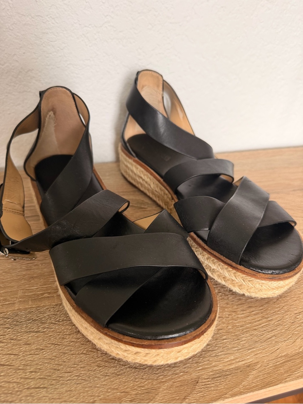 MICHAEL Michael Kors Black Leather Espadrille Platform Sandals - Size 7